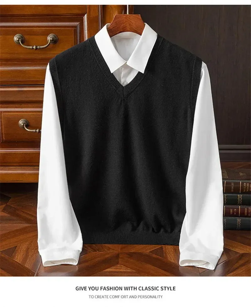 Men’s Cashmere Knitted Sweater Vest | V-Neck Solid Color Pullover | Classic Spring & Autumn Layering Top
