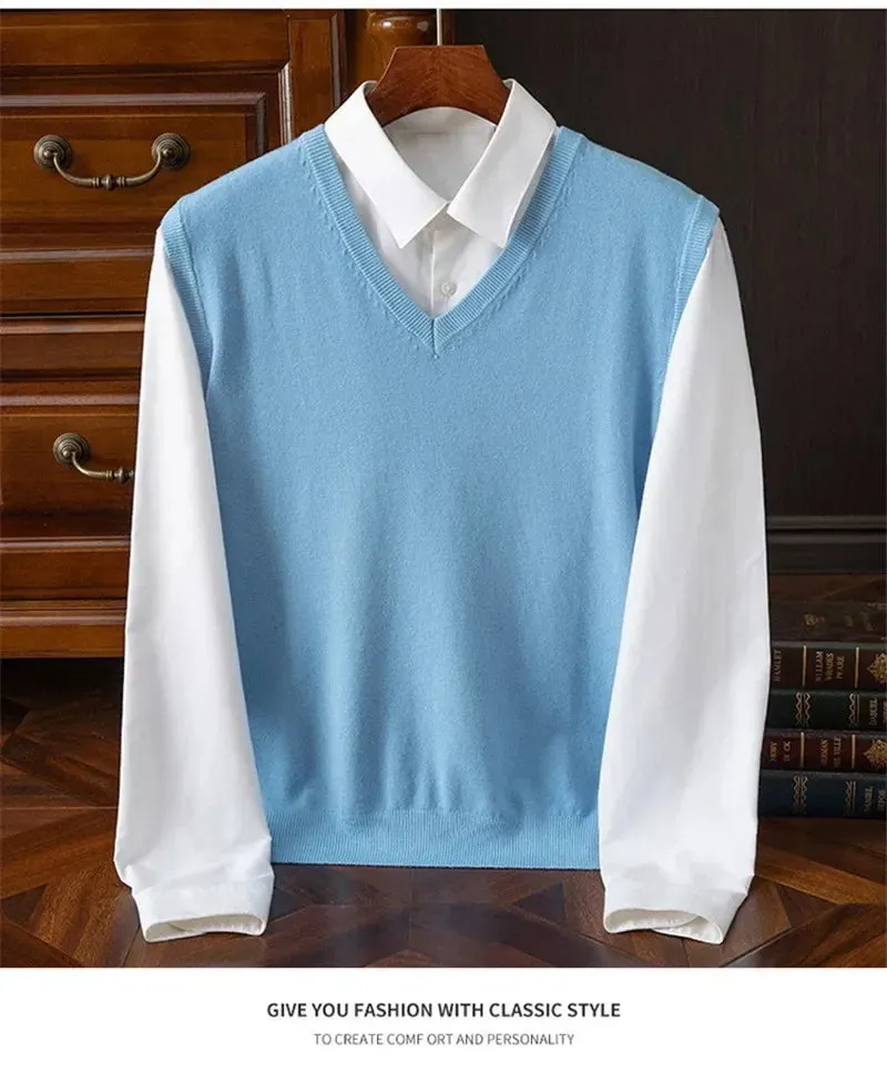Men’s Cashmere Knitted Sweater Vest | V-Neck Solid Color Pullover | Classic Spring & Autumn Layering Top