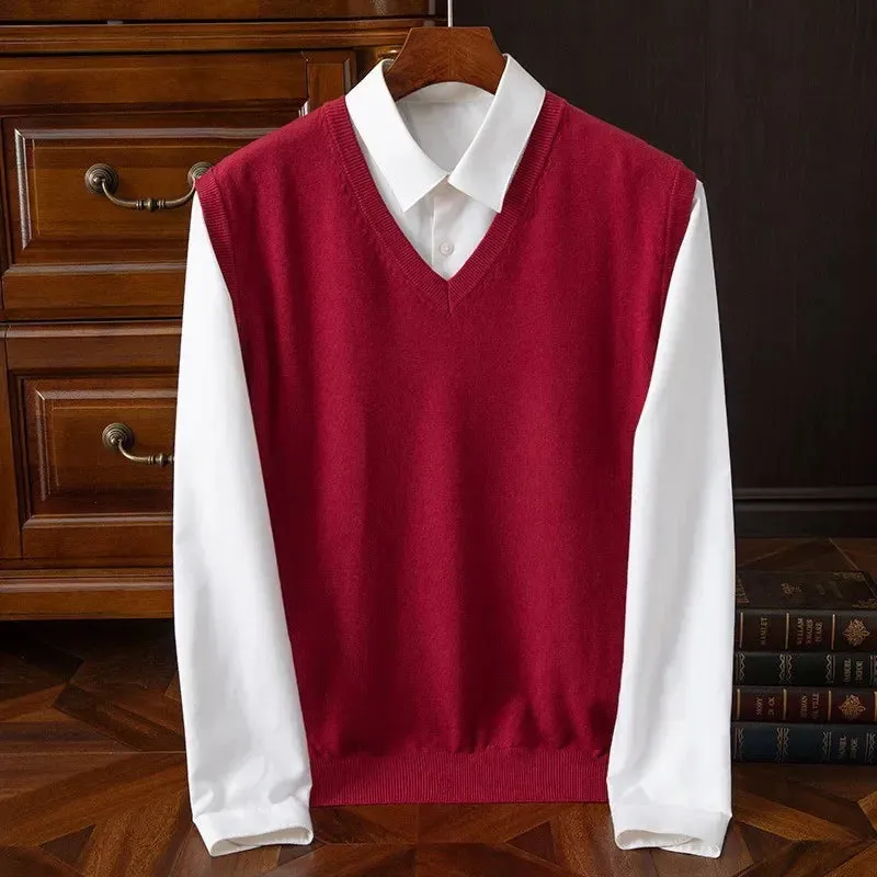 Men’s Cashmere Knitted Sweater Vest | V-Neck Solid Color Pullover | Classic Spring & Autumn Layering Top