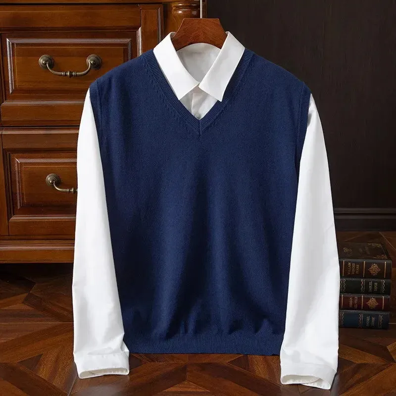 Men’s Cashmere Knitted Sweater Vest | V-Neck Solid Color Pullover | Classic Spring & Autumn Layering Top