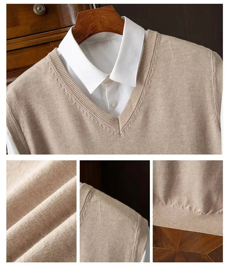 Men’s Cashmere Knitted Sweater Vest | V-Neck Solid Color Pullover | Classic Spring & Autumn Layering Top