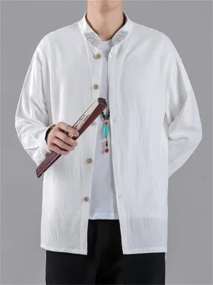 Men's Casual Embroidery Stand Collar Linen Long Sleeve Shirt
