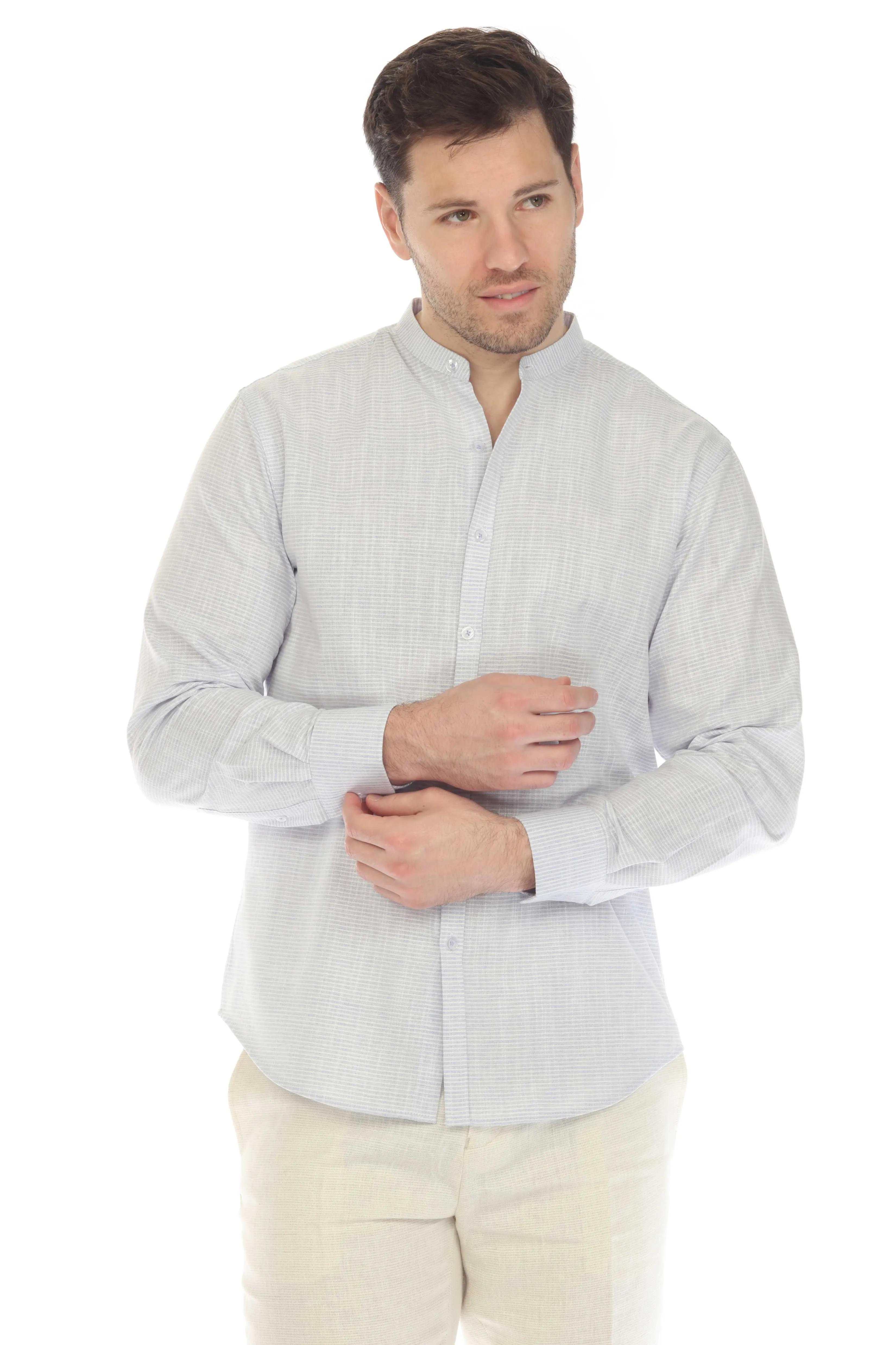 Men's Causal Mandarin Collar Pinstripe Shirt 100% Linen Long Sleeve Button Down