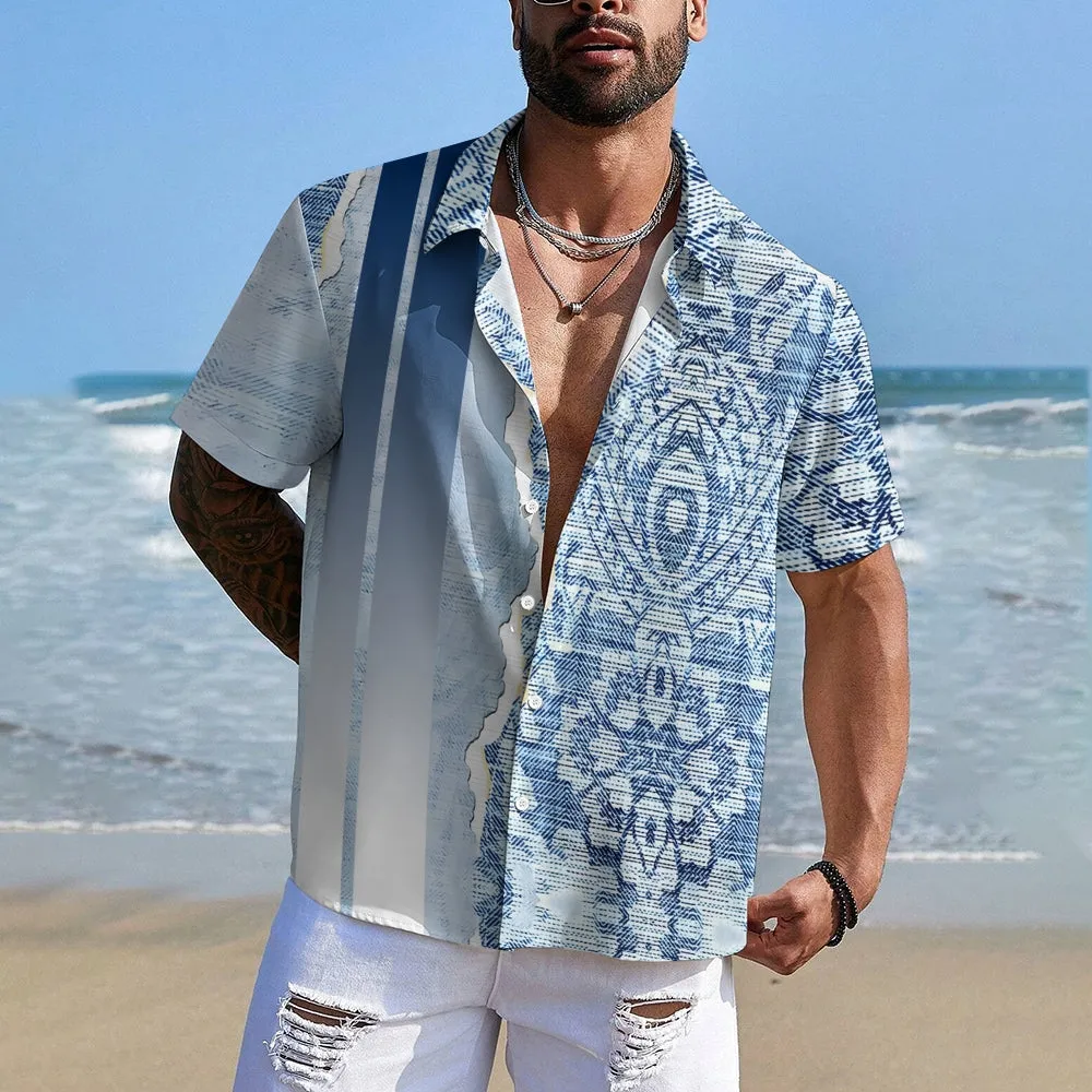 Men's Denim Texture Print Casual Short Sleeve Shirt 2410003360