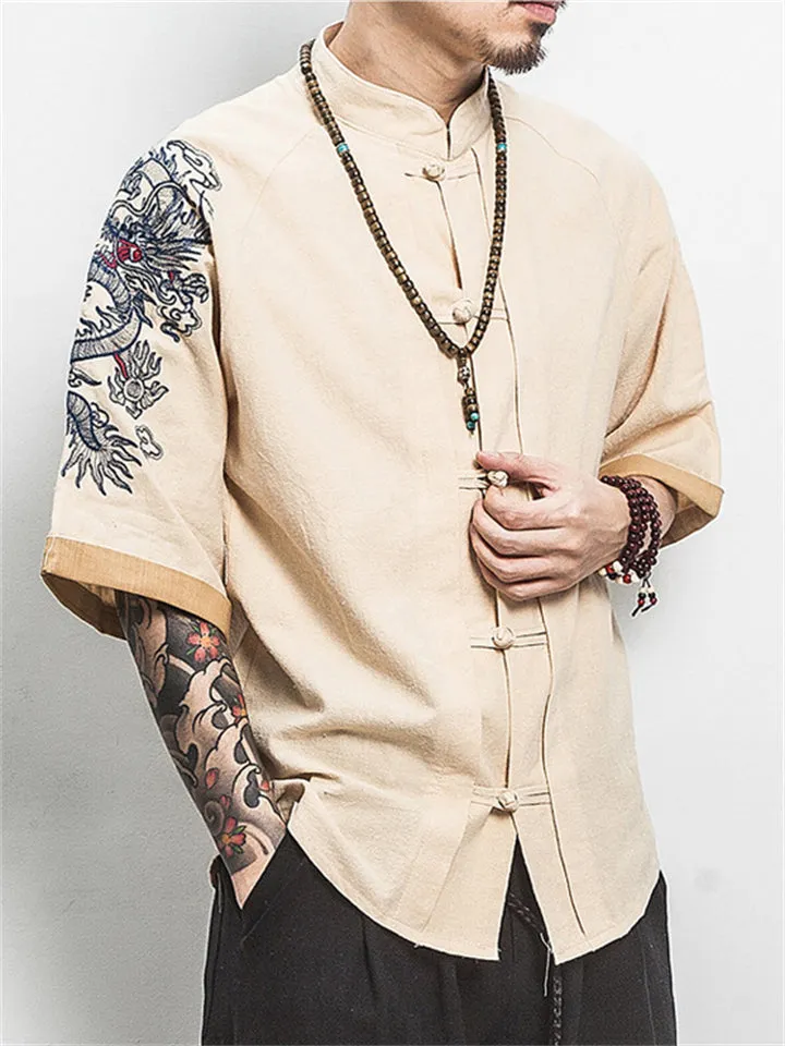 Men's Dragon Embroidery Short Sleeve Cozy Linen Shirt