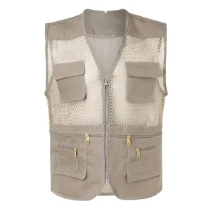 Mens Fishing Multi Pocket Vests Y2k Vintage Mesh Stitching Cargo Vest Solid Color V-Neck Sleeveless Tank Tops Casual Streetwear