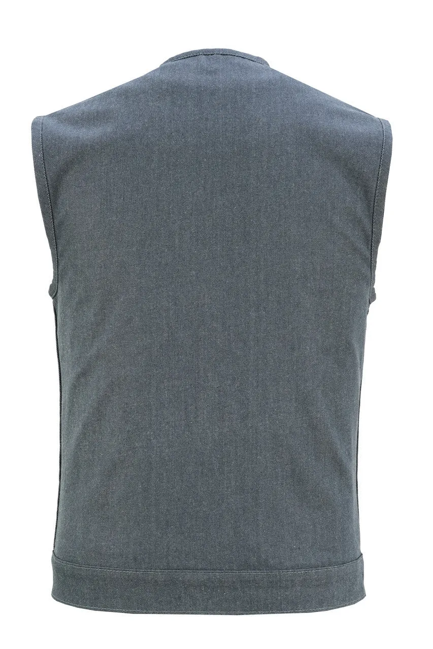 Men's Grey Denim Collarless Club Vest with Conceal Carry Pockets