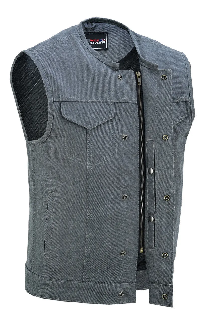 Men's Grey Denim Collarless Club Vest with Conceal Carry Pockets