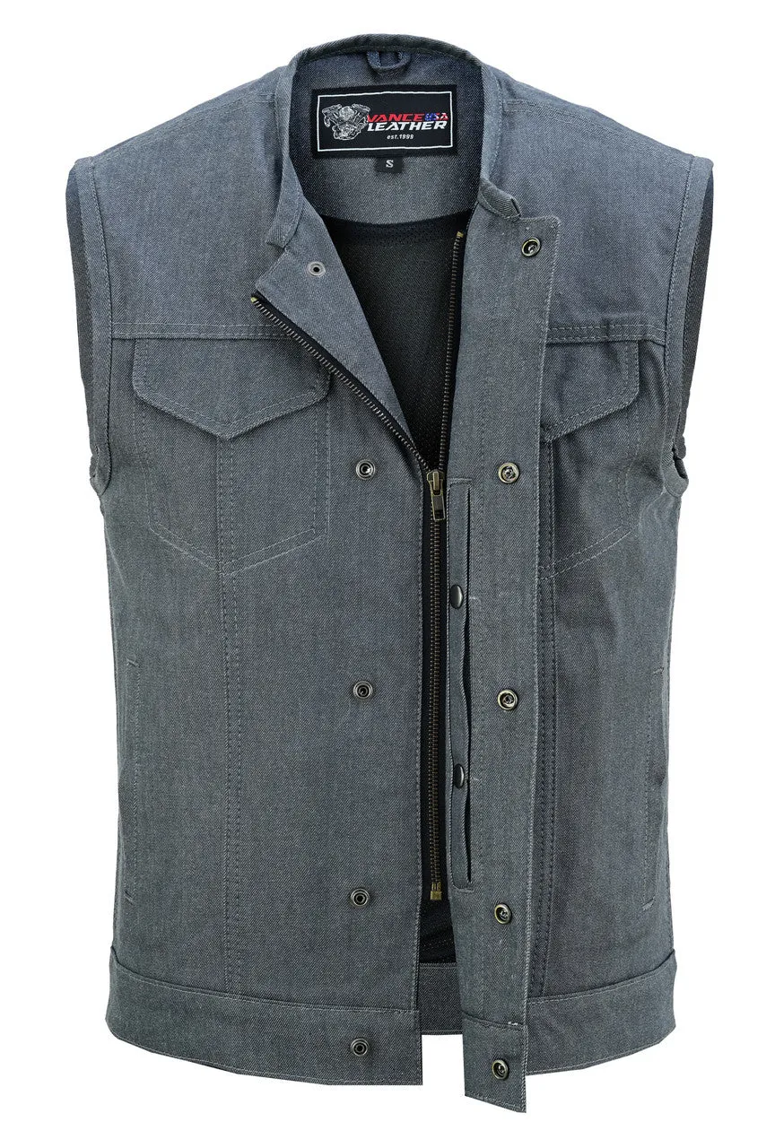 Men's Grey Denim Collarless Club Vest with Conceal Carry Pockets