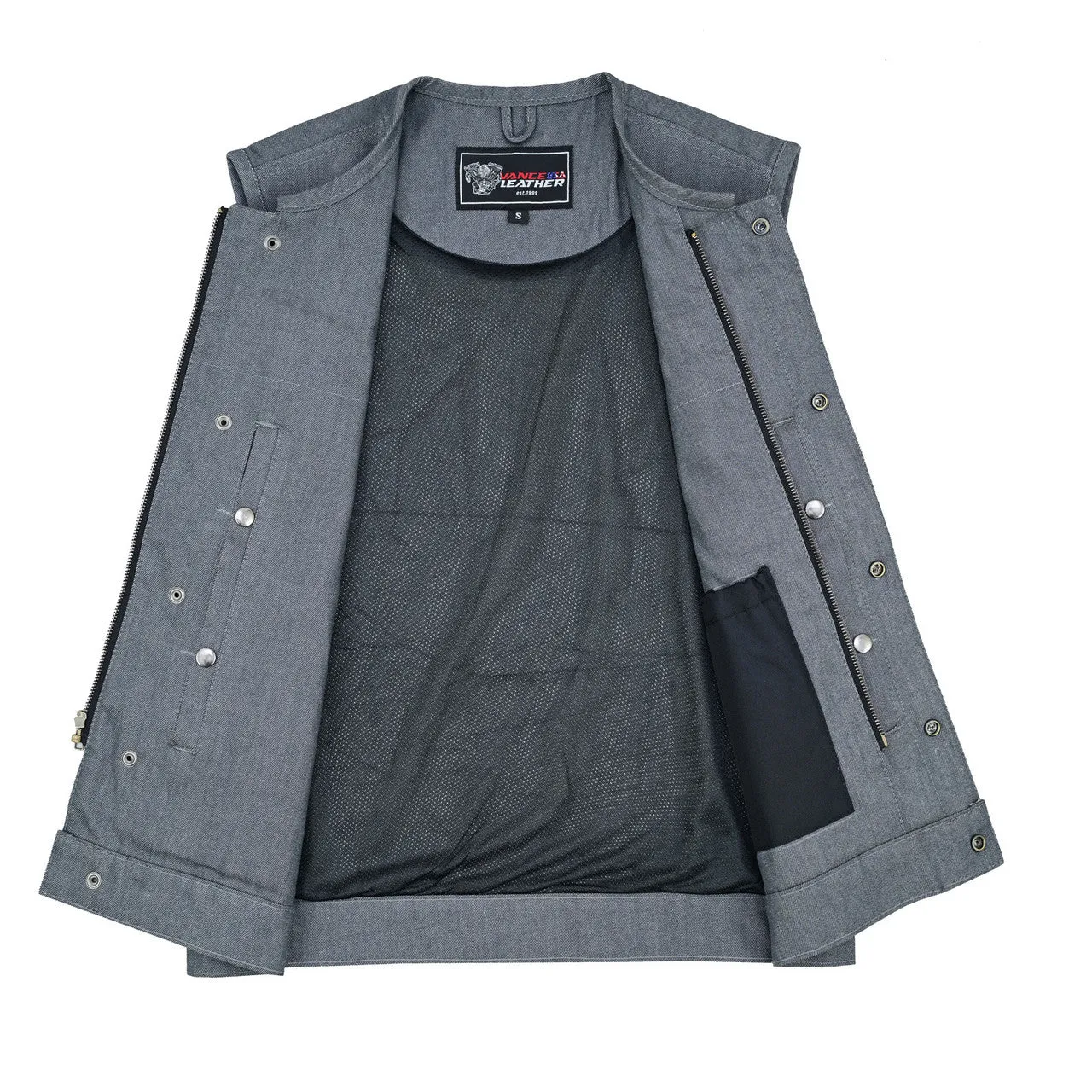 Men's Grey Denim Collarless Club Vest with Conceal Carry Pockets
