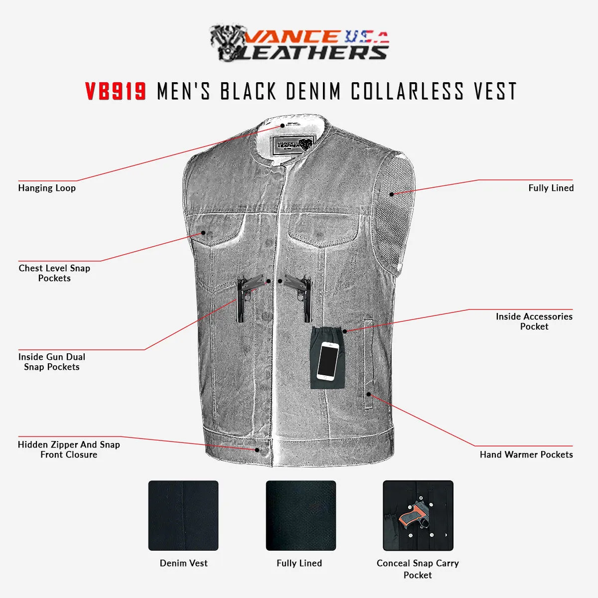 Men's Grey Denim Collarless Club Vest with Conceal Carry Pockets