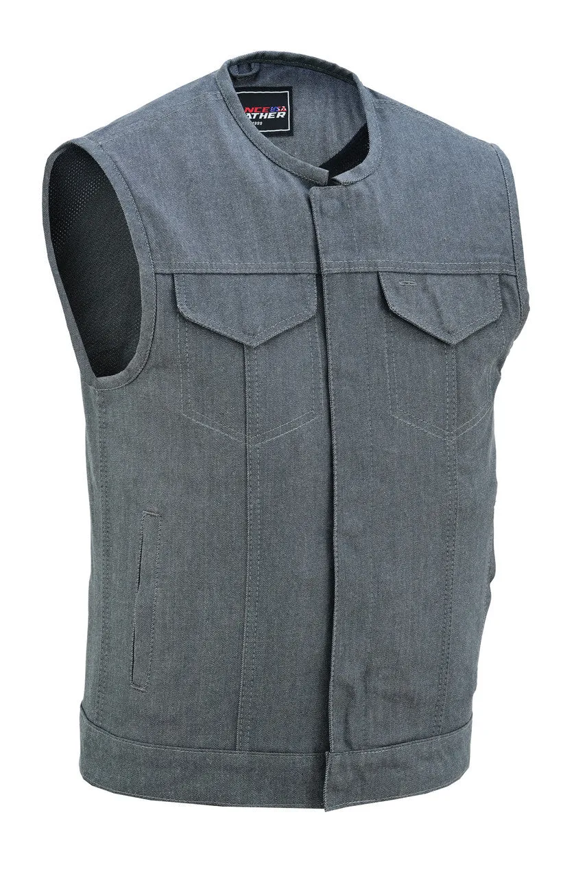 Men's Grey Denim Collarless Club Vest with Conceal Carry Pockets