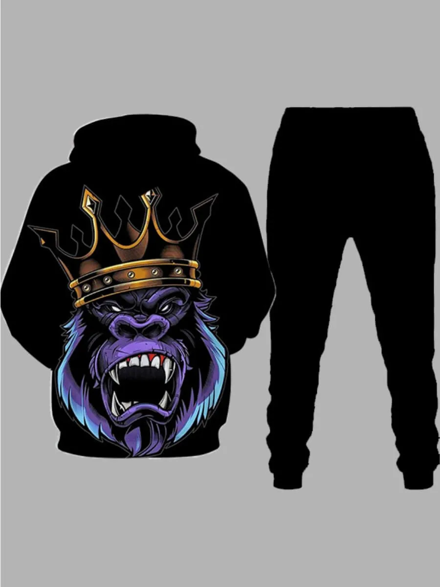 Men's Hooded Gorilla King Printed Black Sweat Suit