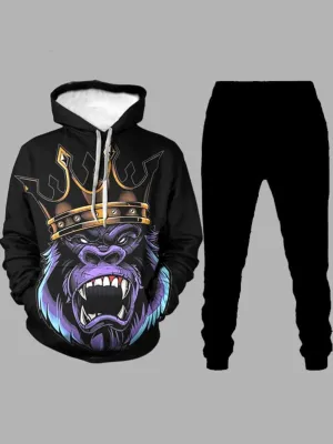 Men's Hooded Gorilla King Printed Black Sweat Suit