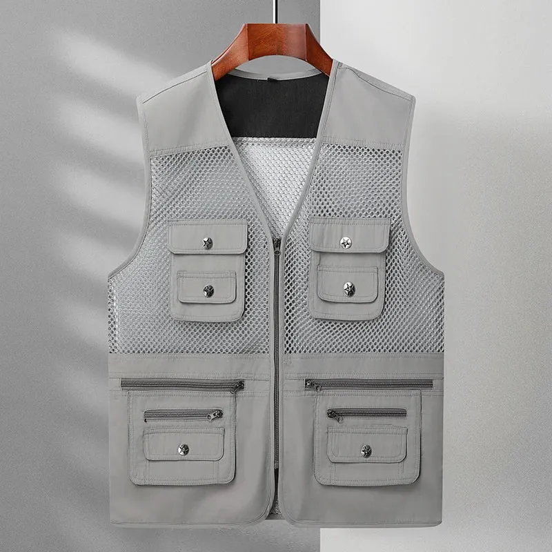 Men's Outdoor Vests Military Tactical Sleeveless Jackets Multiple Pockets Fishing Hiking Mesh Breathable Cool Summer Army Green