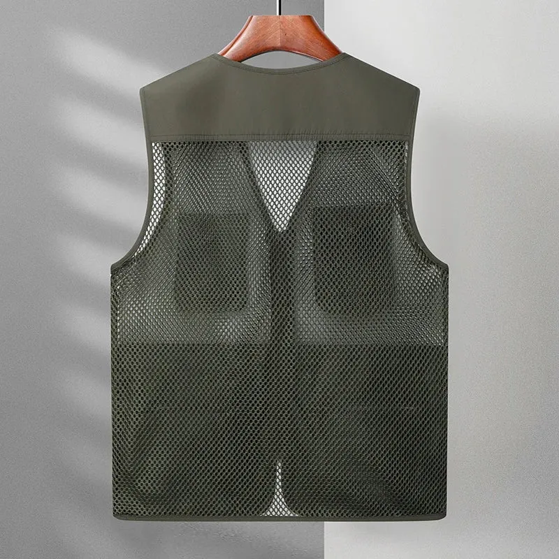 Men's Outdoor Vests Military Tactical Sleeveless Jackets Multiple Pockets Fishing Hiking Mesh Breathable Cool Summer Army Green
