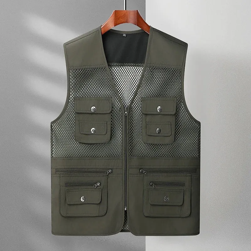 Men's Outdoor Vests Military Tactical Sleeveless Jackets Multiple Pockets Fishing Hiking Mesh Breathable Cool Summer Army Green
