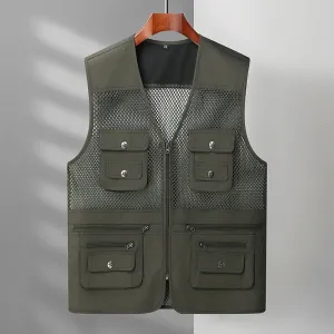 Men's Outdoor Vests Military Tactical Sleeveless Jackets Multiple Pockets Fishing Hiking Mesh Breathable Cool Summer Army Green