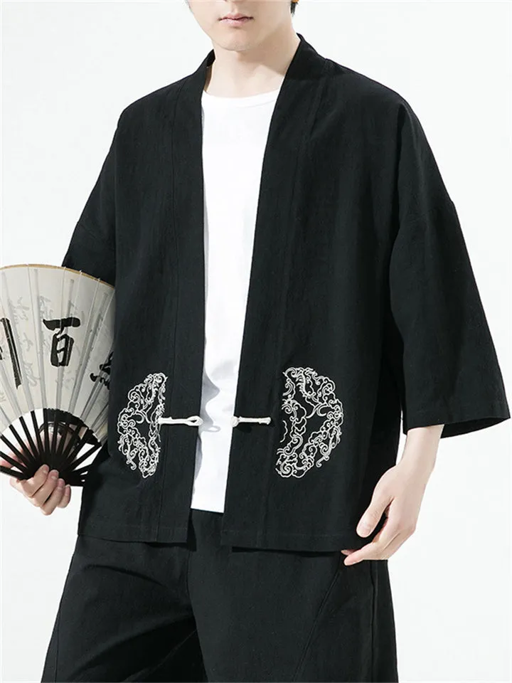 Men's Plain Linen One Button Hem Embroidery Shirt