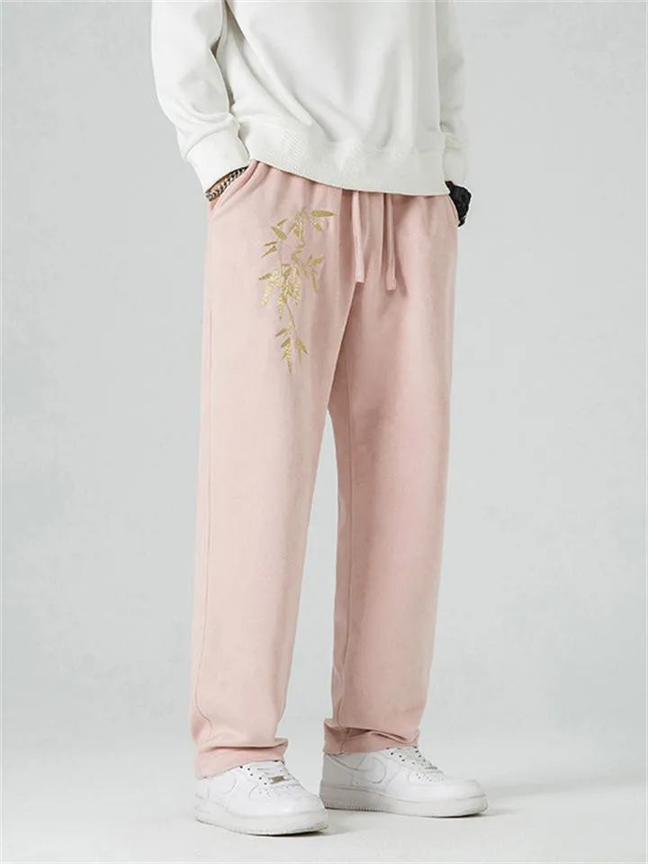 Men's Retro Gold Bamboo Leaf Embroidery Faux Suede Trousers