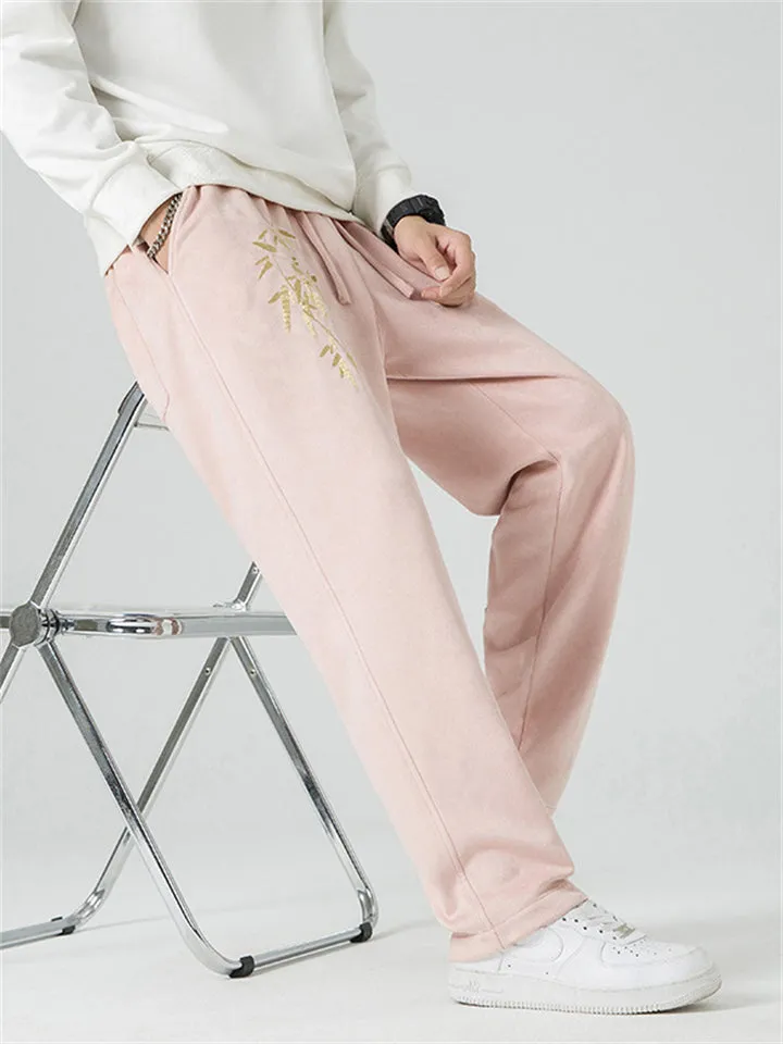 Men's Retro Gold Bamboo Leaf Embroidery Faux Suede Trousers
