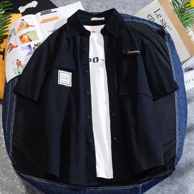 Mens Solid Color Short Sleeve Tooling Dragon Shirt Men Button Up Shirt
