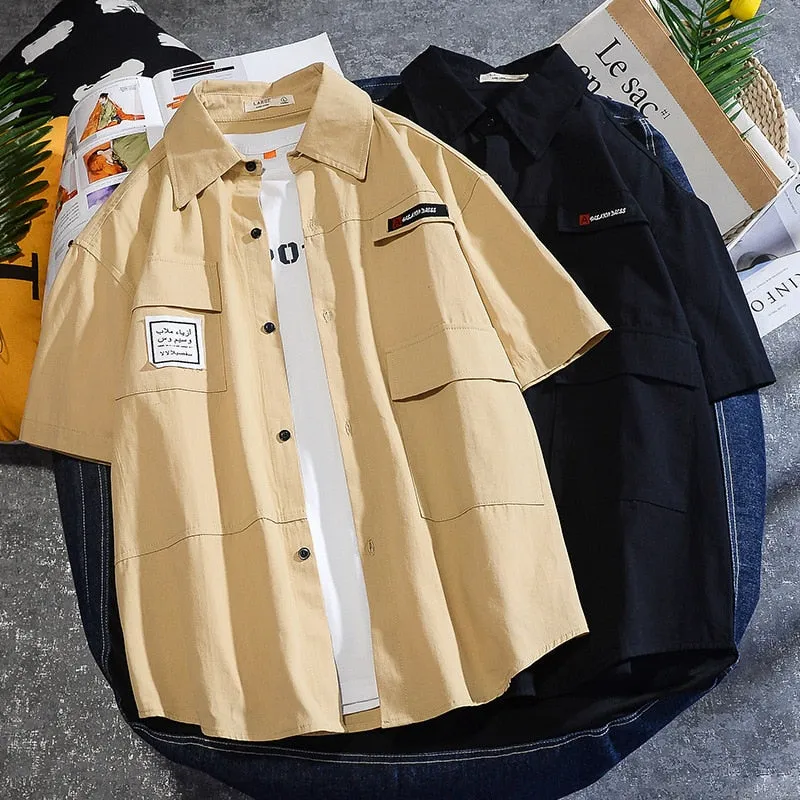 Mens Solid Color Short Sleeve Tooling Dragon Shirt Men Button Up Shirt