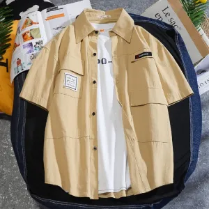 Mens Solid Color Short Sleeve Tooling Dragon Shirt Men Button Up Shirt