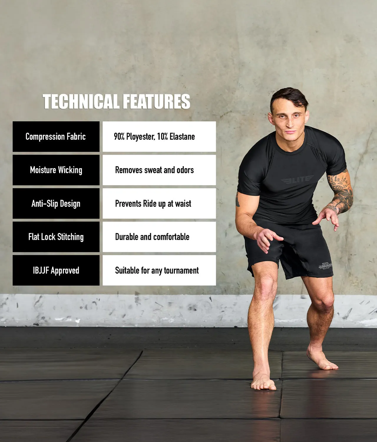 Men's Standard Black Short Sleeve No-Gi BJJ Rash Guard