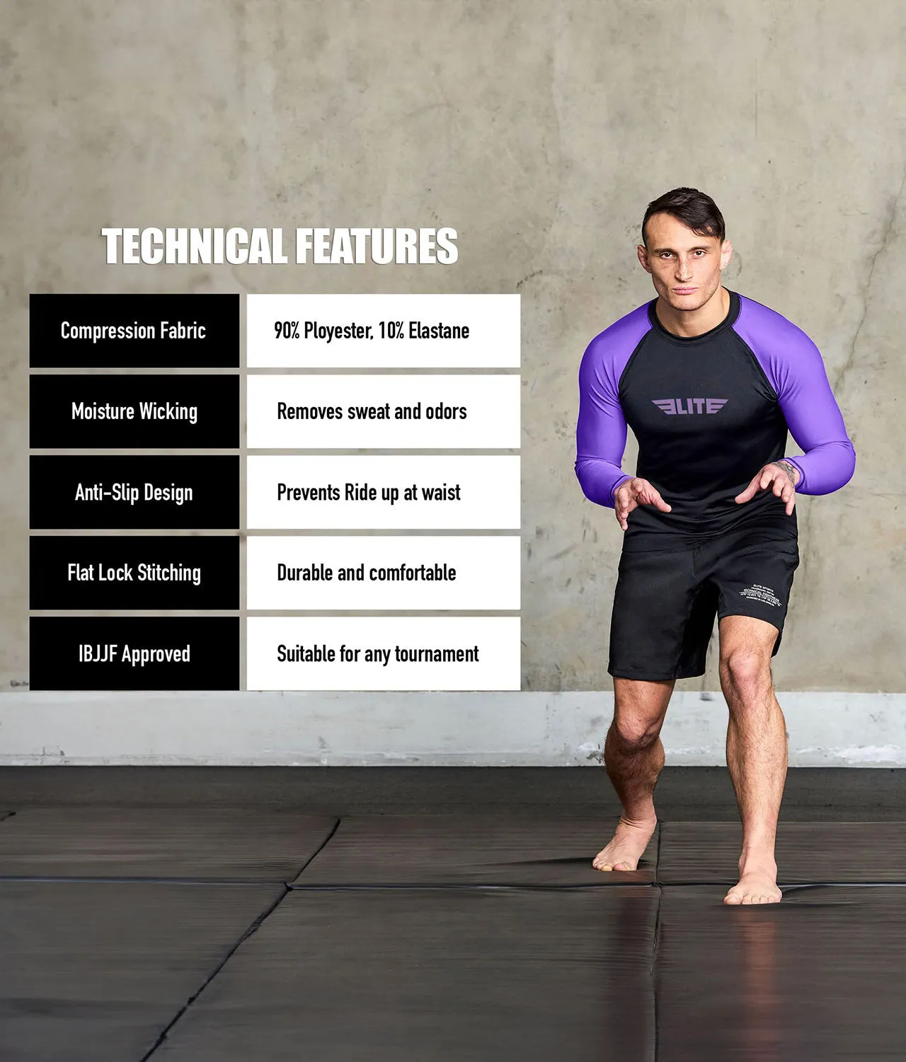 Men's Standard Purple Long Sleeve No-Gi BJJ Rash Guard