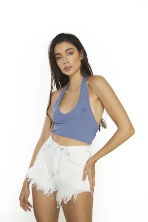 Moonlight Blue Ribbed Halter Neck Crop-Top