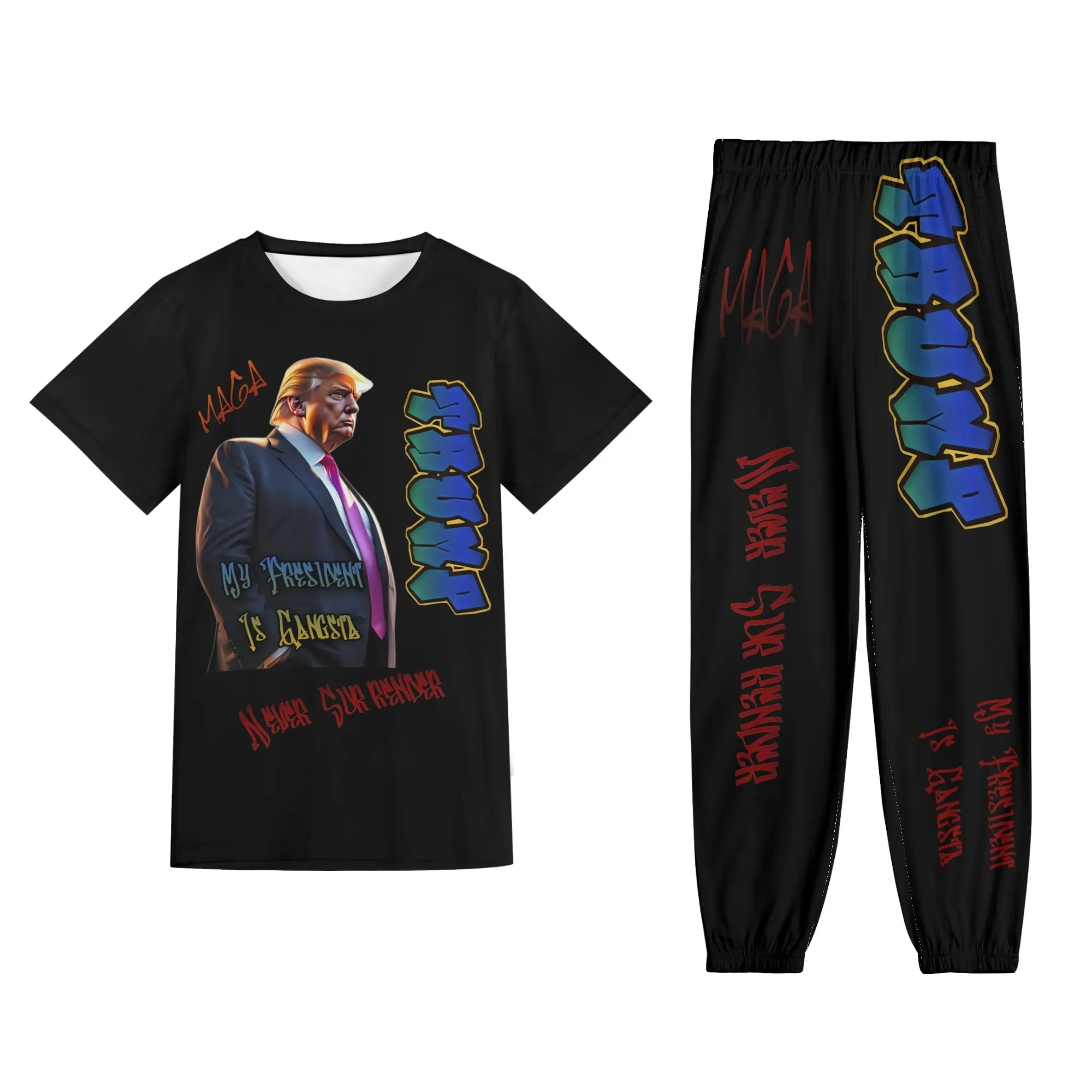 My President Is Gangsta Typographical Art Adult Short Sleeve T-shirt Streetwear Set