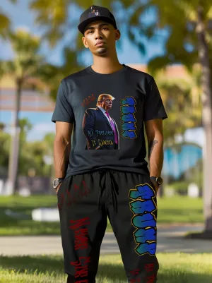 My President Is Gangsta Typographical Art Adult Short Sleeve T-shirt Streetwear Set