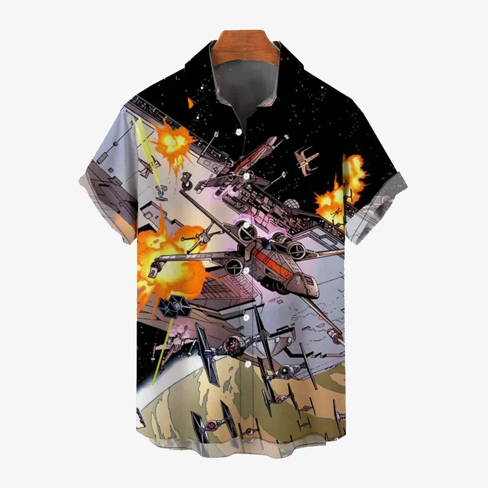 Mysterious Planet Printed Large Size Bamboo Linen Short Sleeve Shirt 2409001121