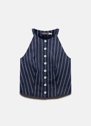 Navy Striped Linen Halter Top