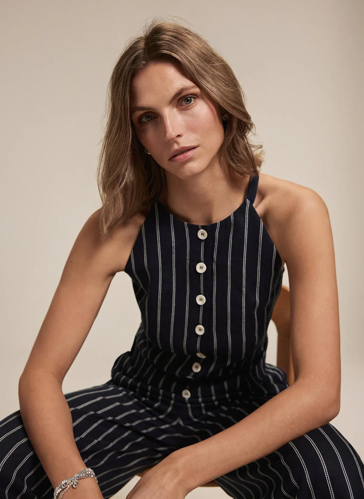 Navy Striped Linen Halter Top