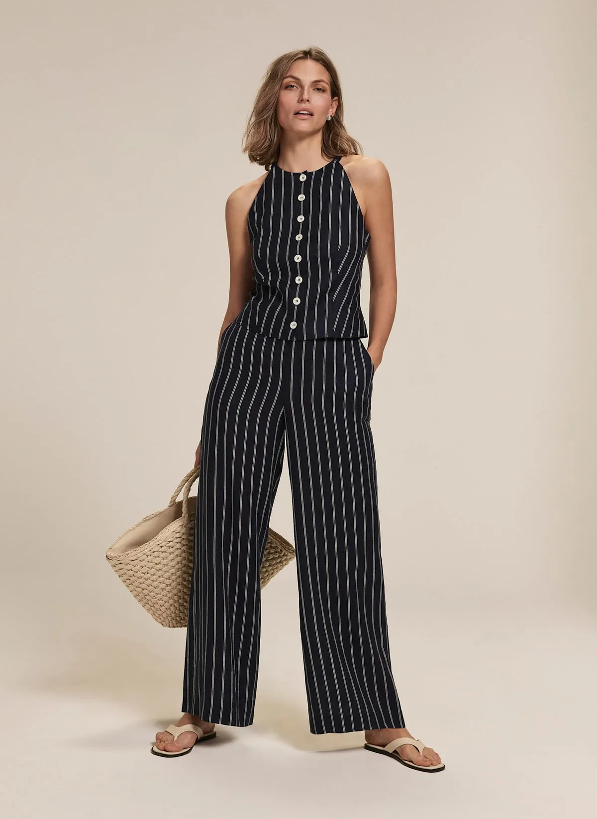 Navy Striped Linen Halter Top