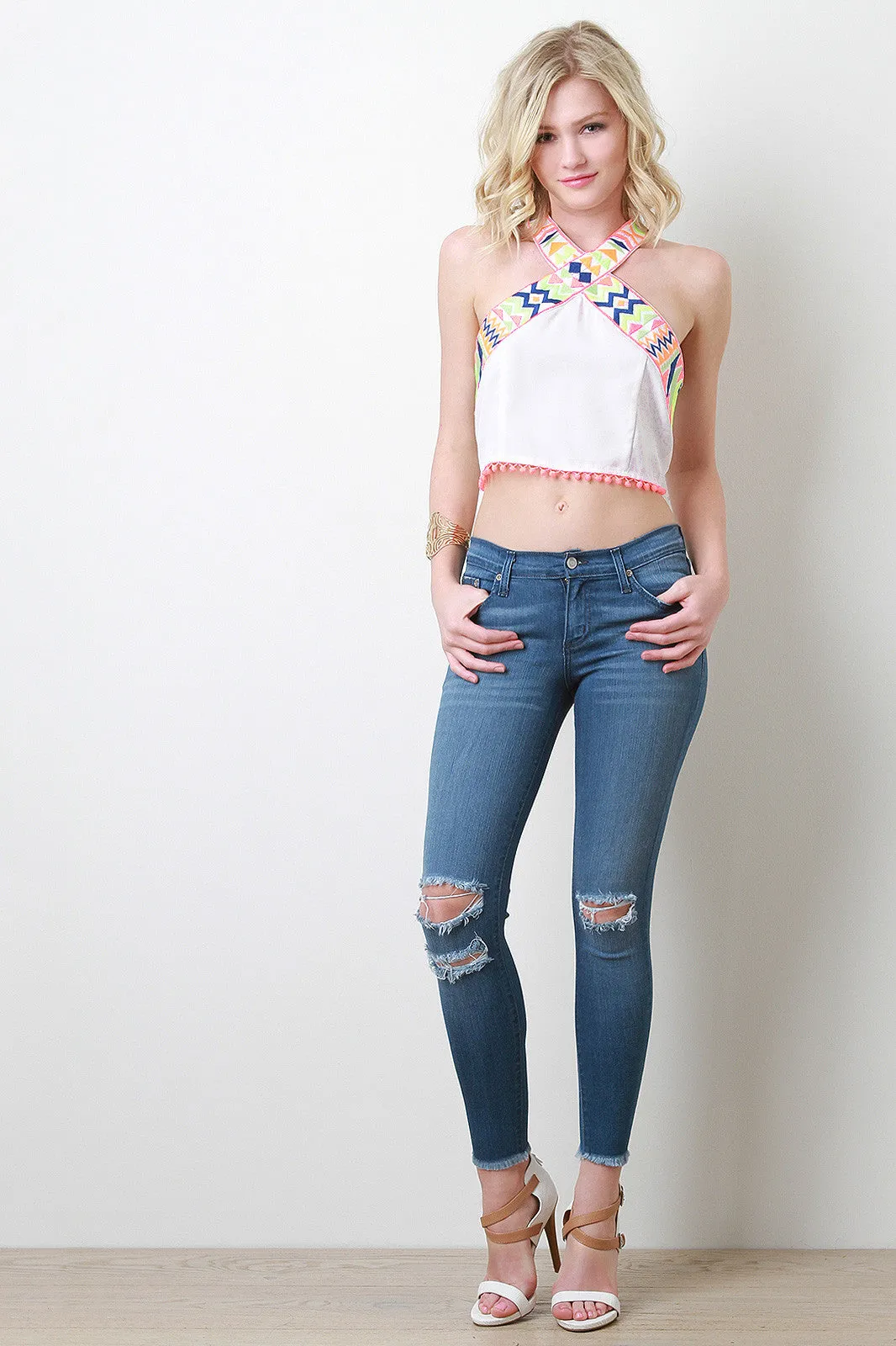 Neon Embroidery Cross Halter Top