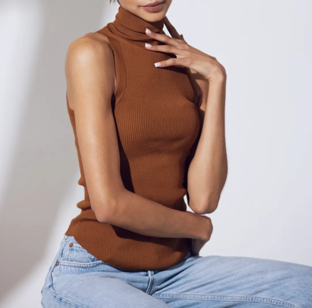 NOON RIBBED MODAL-BLEND JERSEY SLEEVELESS TURTLENECK TOP