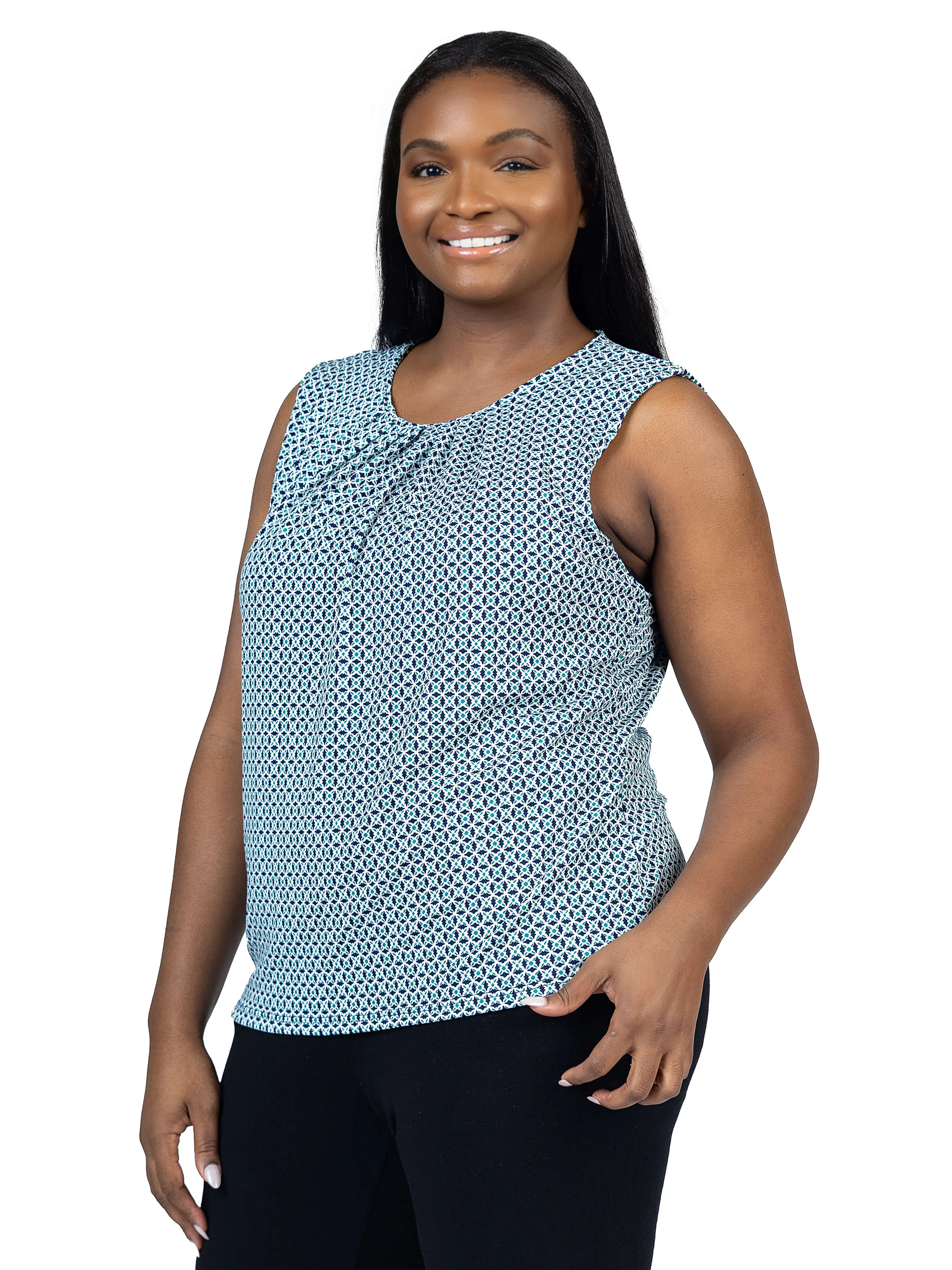 Plus Size Blue Print Pleated Crew Neckline Back Closure Sleeveless Top