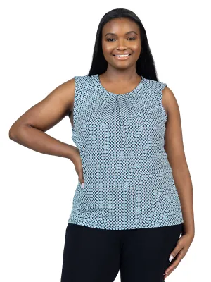 Plus Size Blue Print Pleated Crew Neckline Back Closure Sleeveless Top