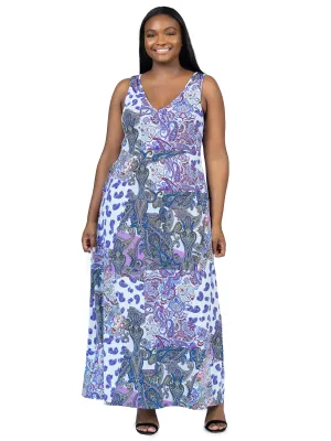 Plus Size Purple Paisley Sleeveless V Neck Maxi Dress With Pockets
