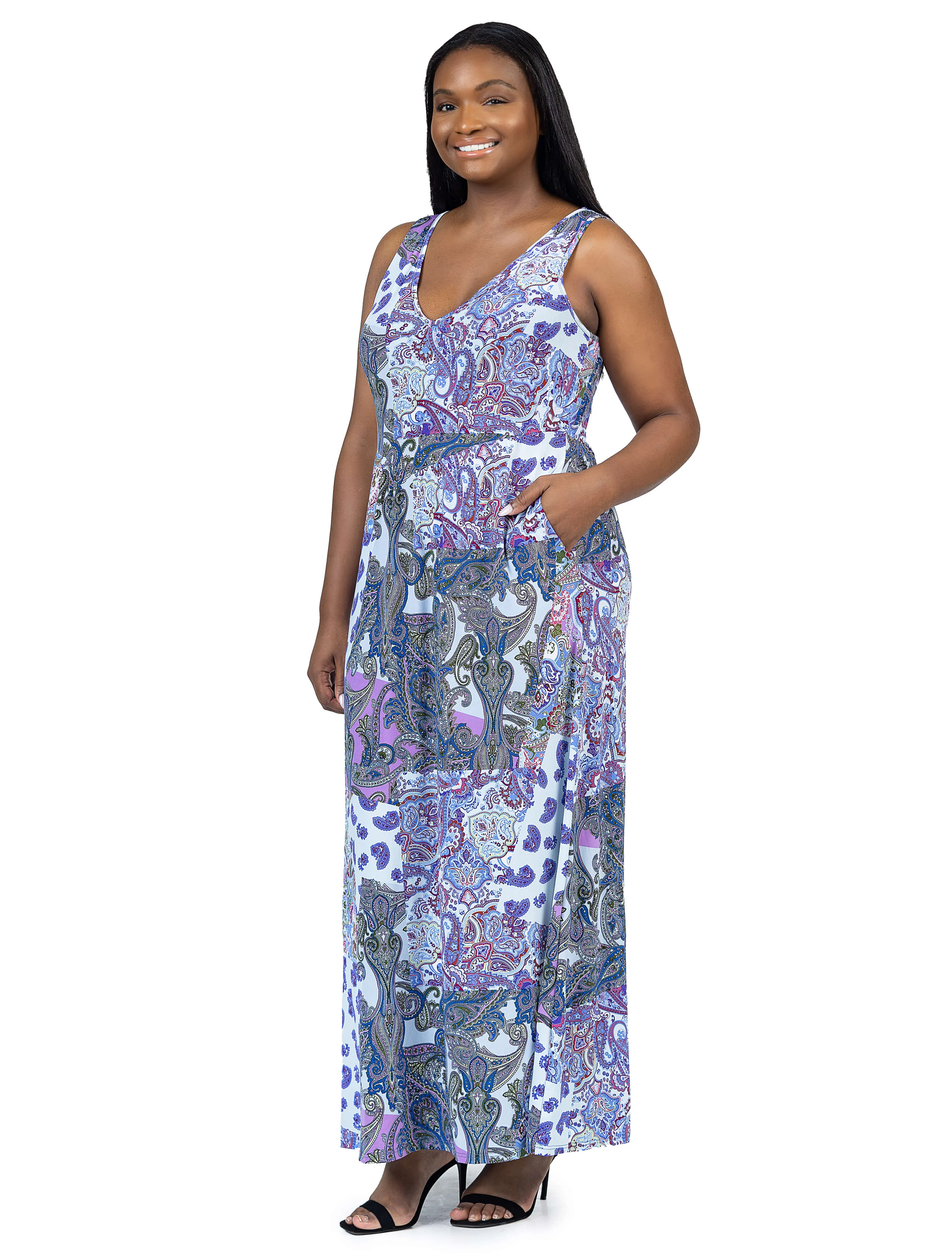 Plus Size Purple Paisley Sleeveless V Neck Maxi Dress With Pockets