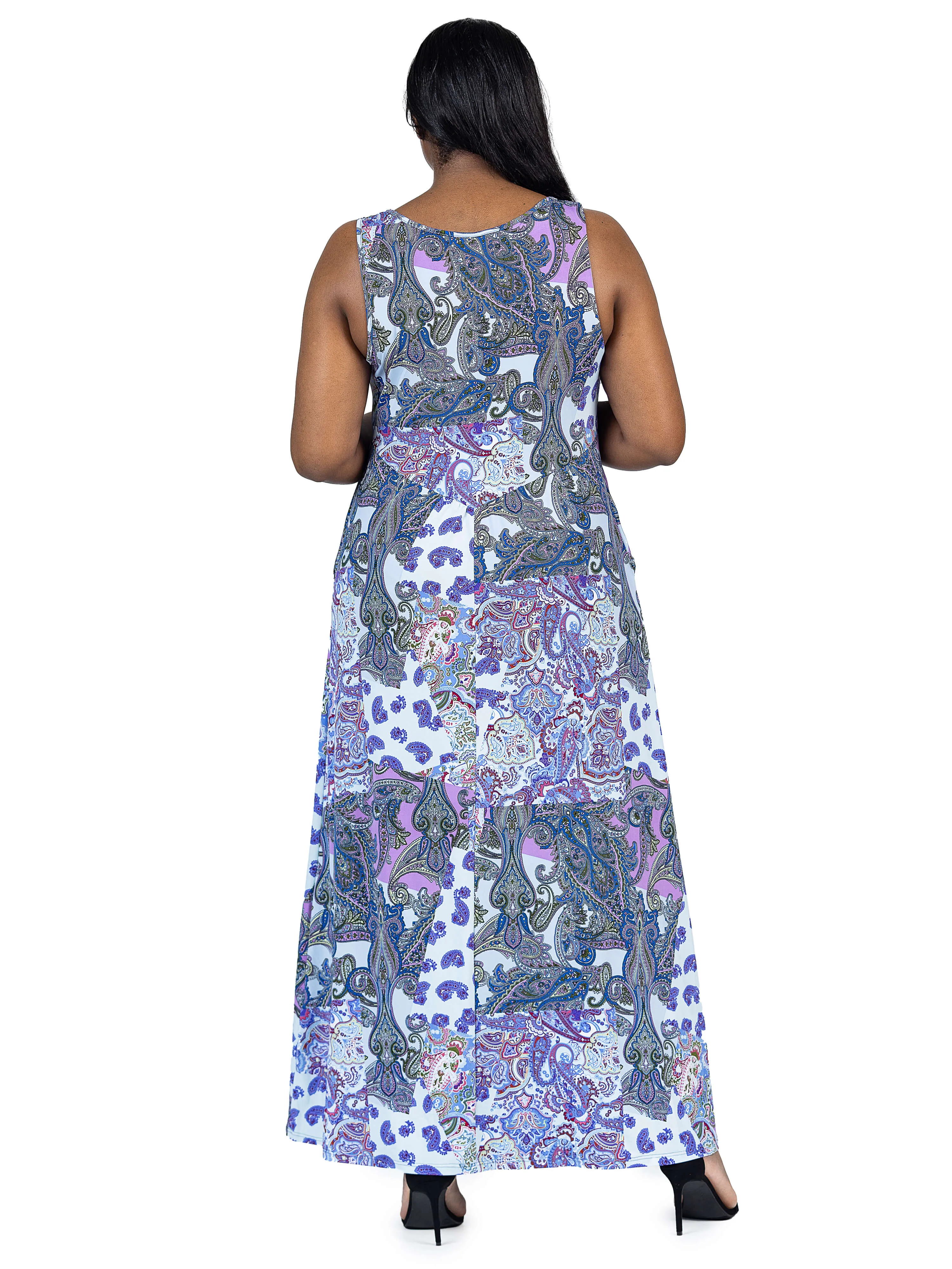 Plus Size Purple Paisley Sleeveless V Neck Maxi Dress With Pockets