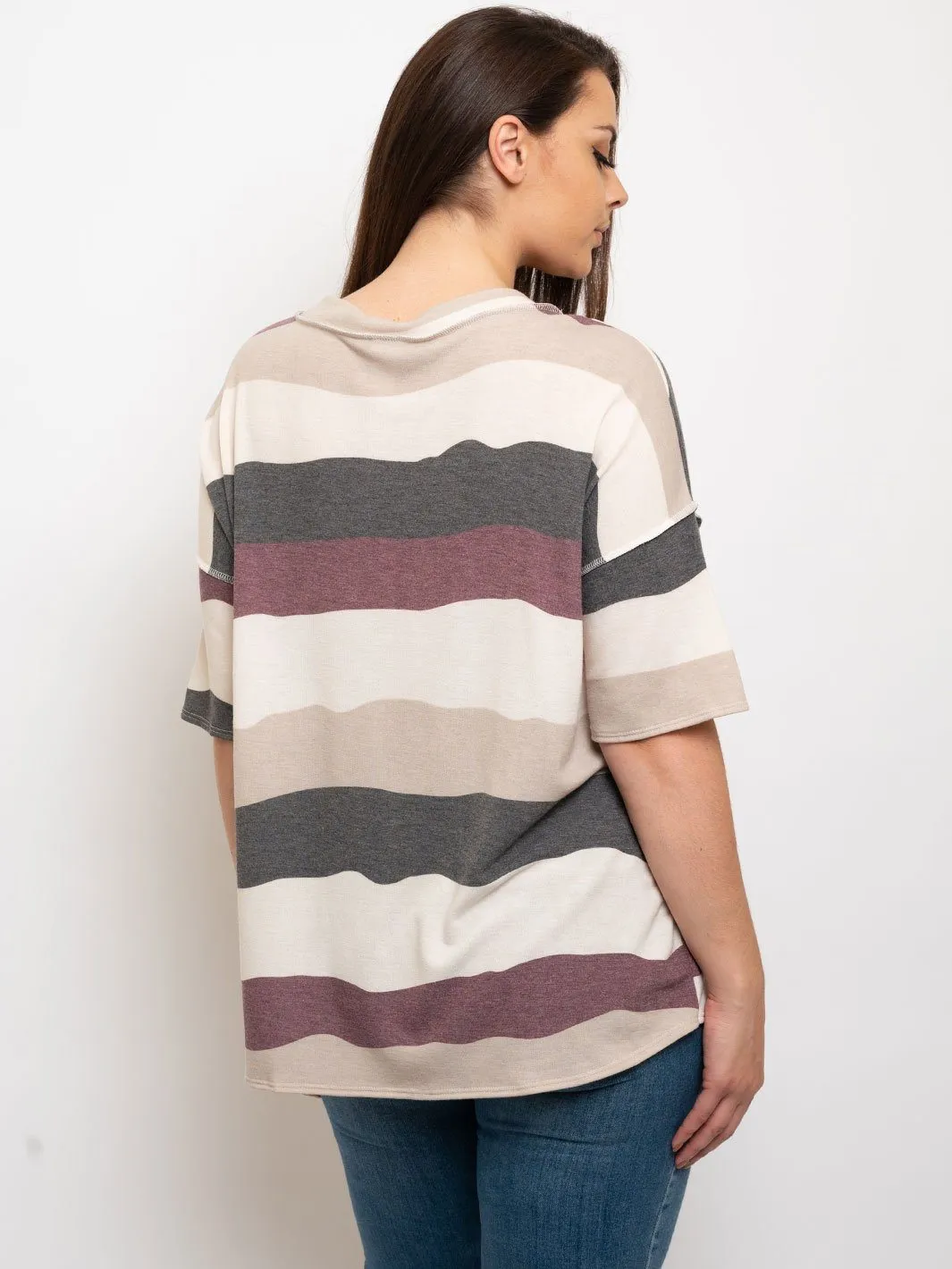 PLUS SIZE V-NECK SHORT SLEEVE MULTI COLOR TOP