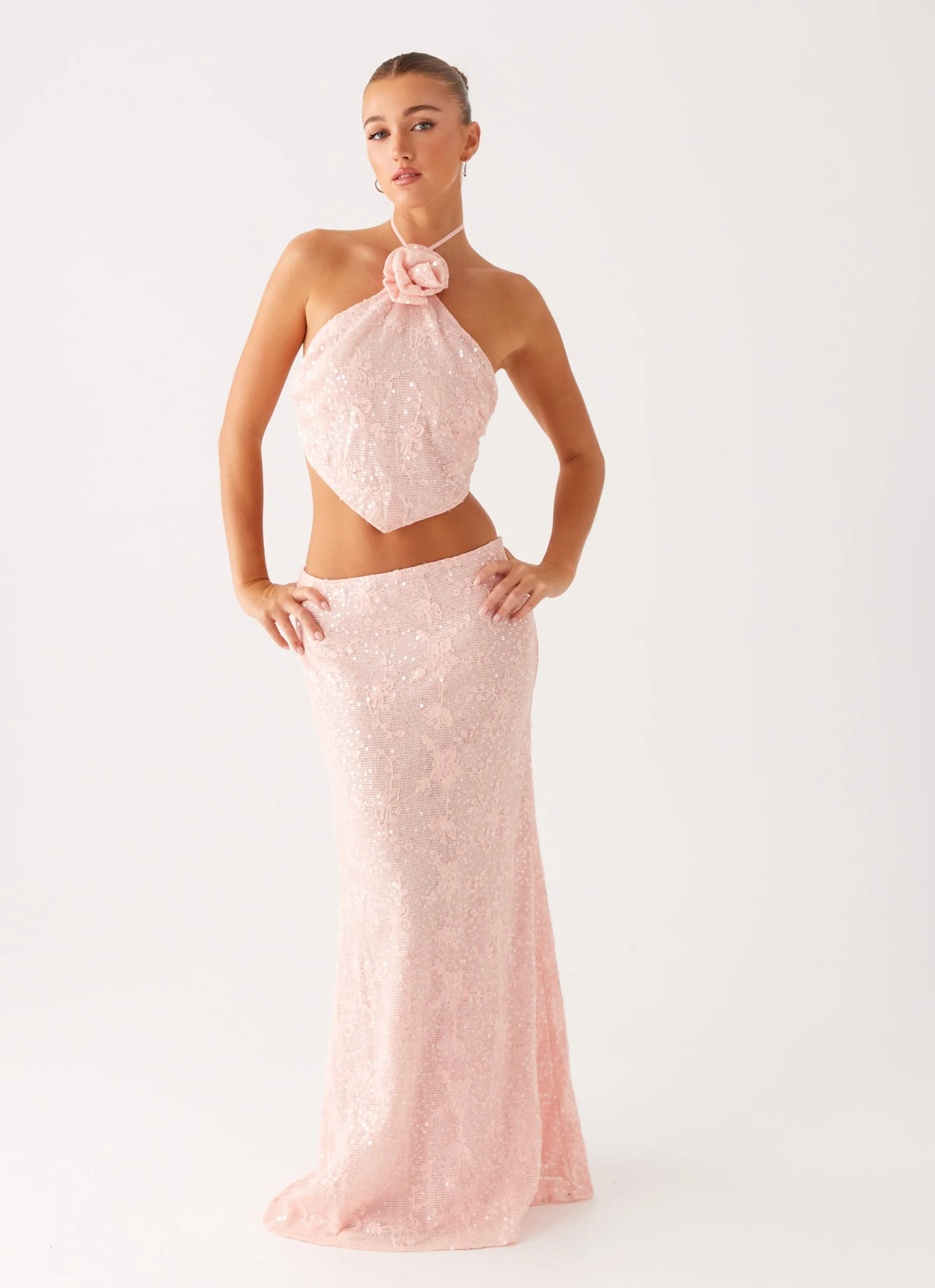 Queenie Sequin Halter Top - Pink