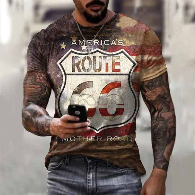 Retro America Route 66 3D Printed Men's T-shirts