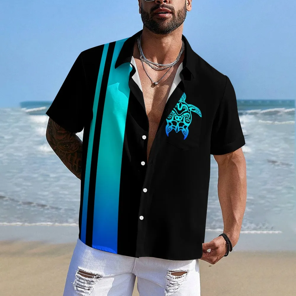 Retro Gradient Neon Turtle Print Bamboo Linen Short Sleeve Shirt 2410008143