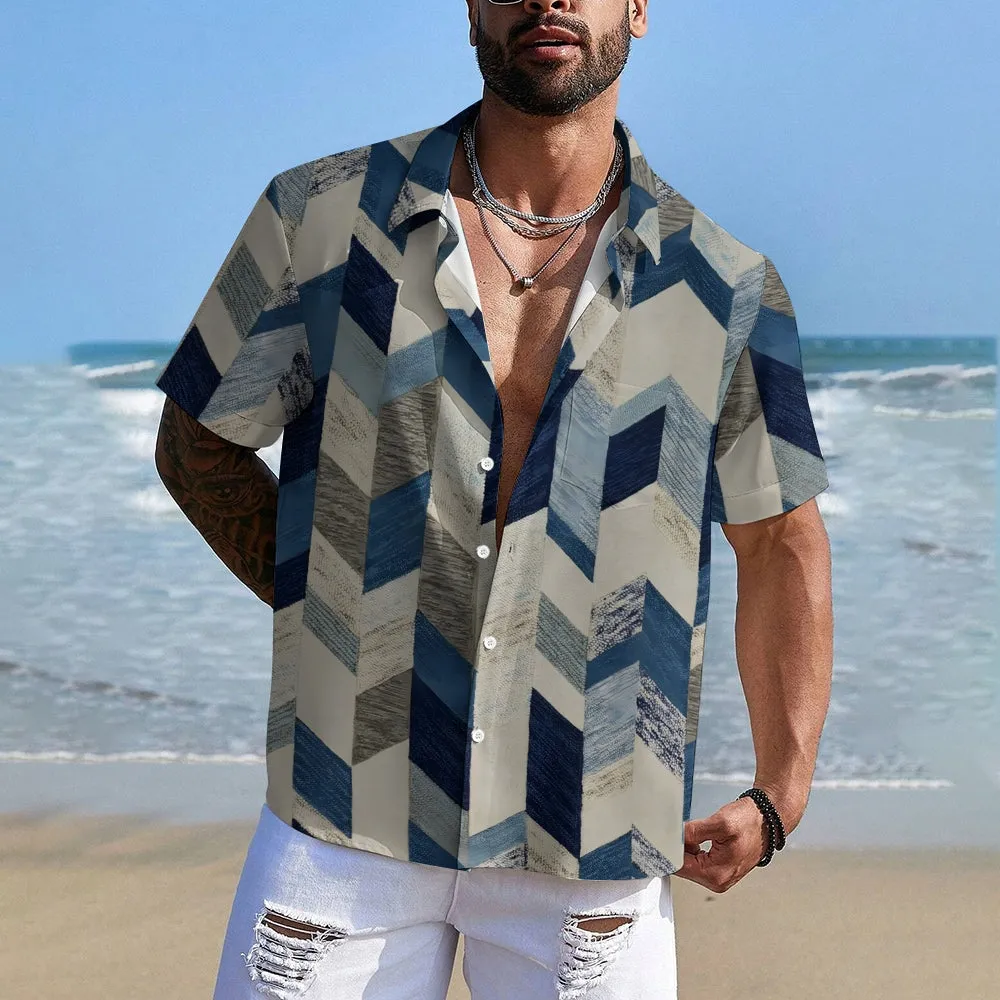 Retro Texture Geometric Print Casual Large Size Short Sleeve Shirt 2407002074