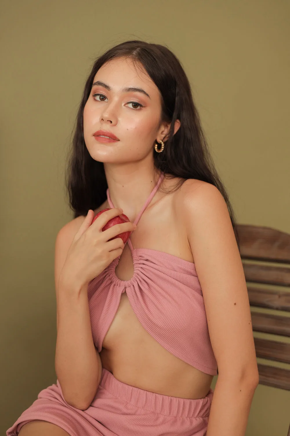 RISETTE SET Halter Multiway Top with Tie Mini Skirt (Old Rose Ribbed Stretch)